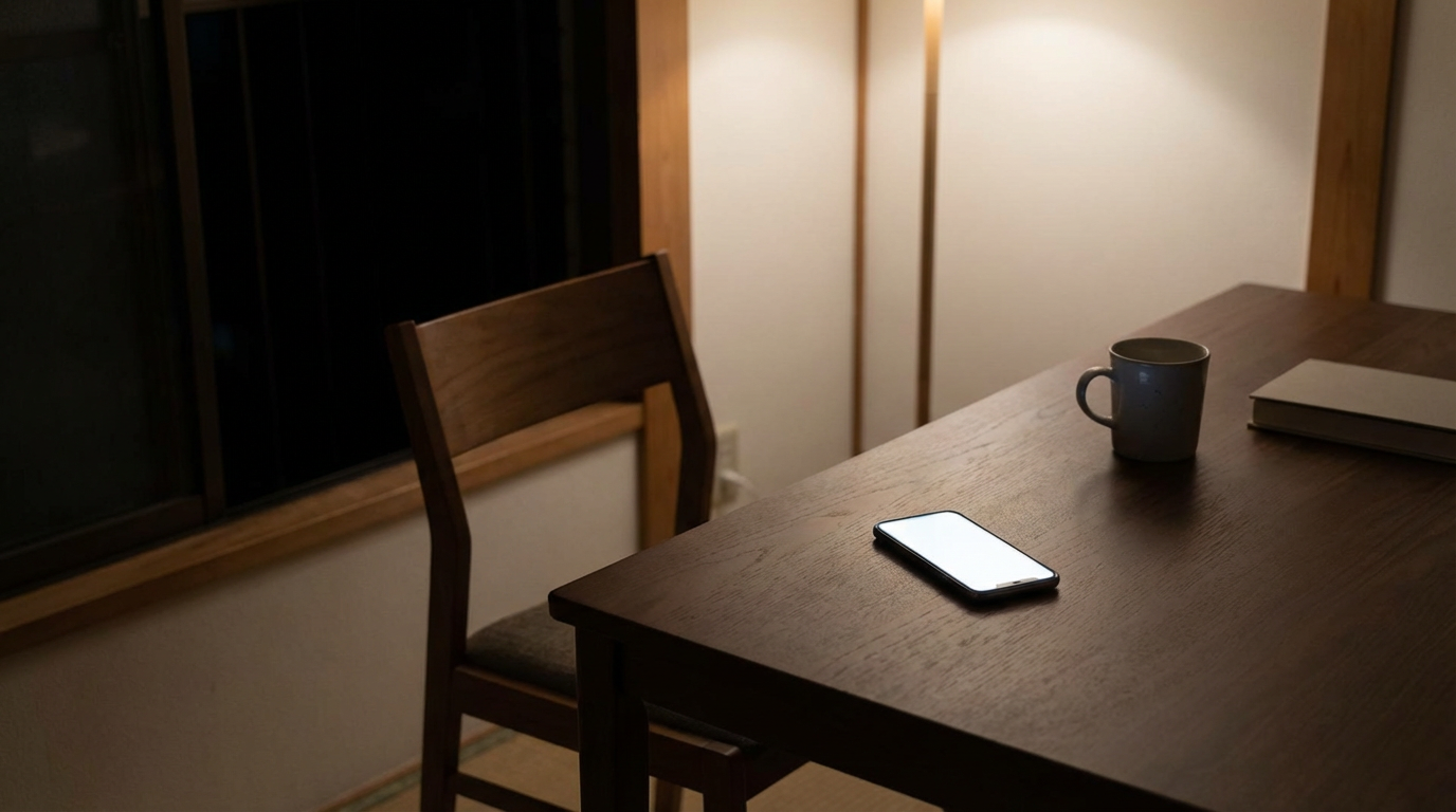 深夜のダイニングテーブル、テーブルの上にスマートフォンが画面を上にして置かれている、画面は白く光っているが文字は読めない、椅子がひとつだけ斜めに引かれている、窓の外は真っ暗、人物は写らない、日常が一瞬で壊れた直後の静けさ