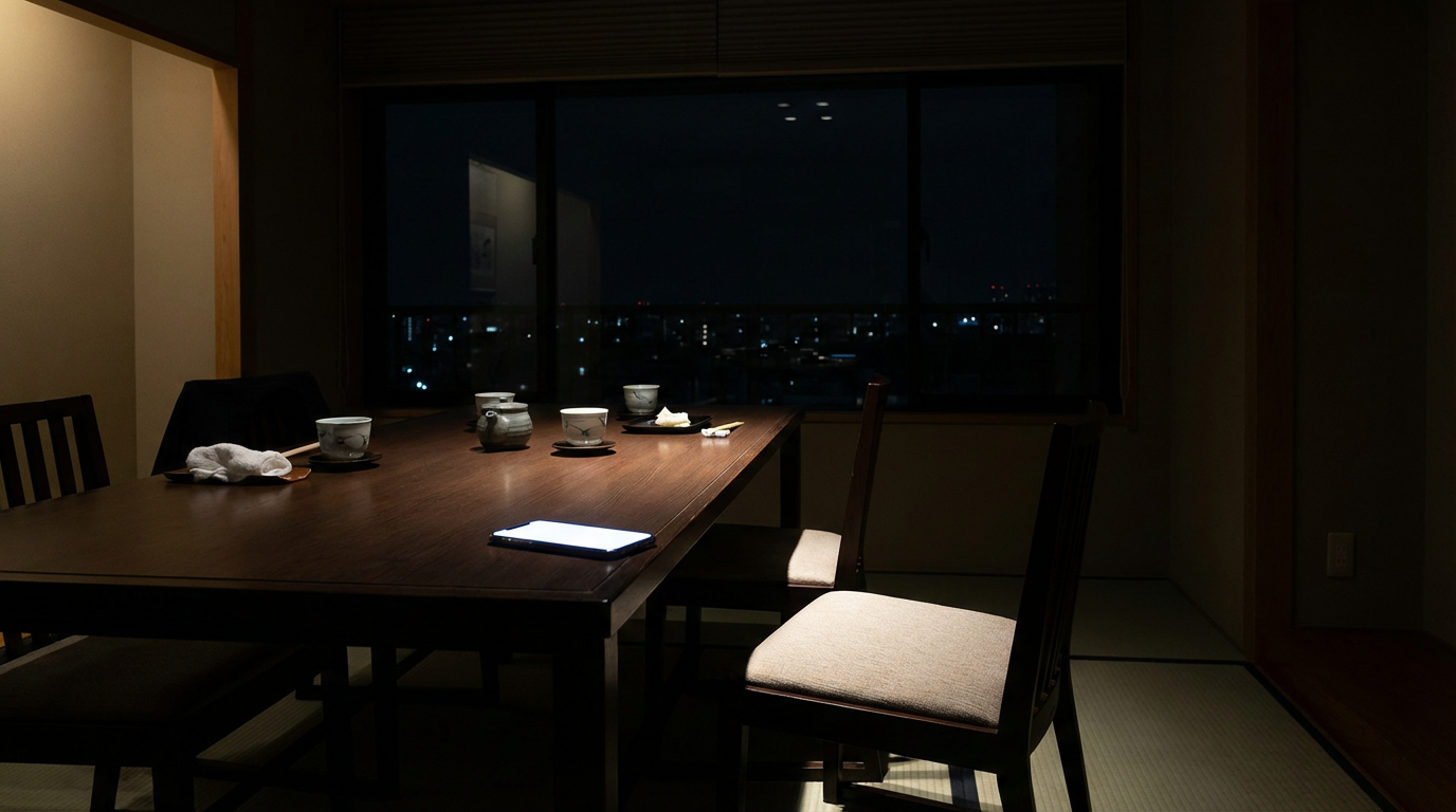 深夜のダイニングテーブル、テーブルの上にスマートフォンが画面を上にして置かれている、画面は白く光っているが文字は読めない、椅子がひとつだけ斜めに引かれている、窓の外は真っ暗、人物は写らない、日常が一瞬で壊れた直後の静けさ