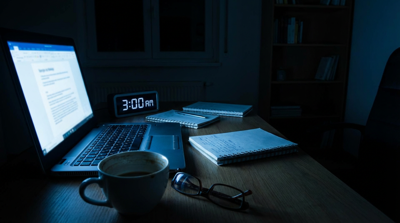 夜中のデスク、開いたノートパソコンの青白い光がキーボードを照らしている、画面の内容は見えない、デスクの隅にコーヒーカップが冷めたまま置かれている、時計は午前3時を指している、人物は写らない、答えを探し続ける夜の疲労感
