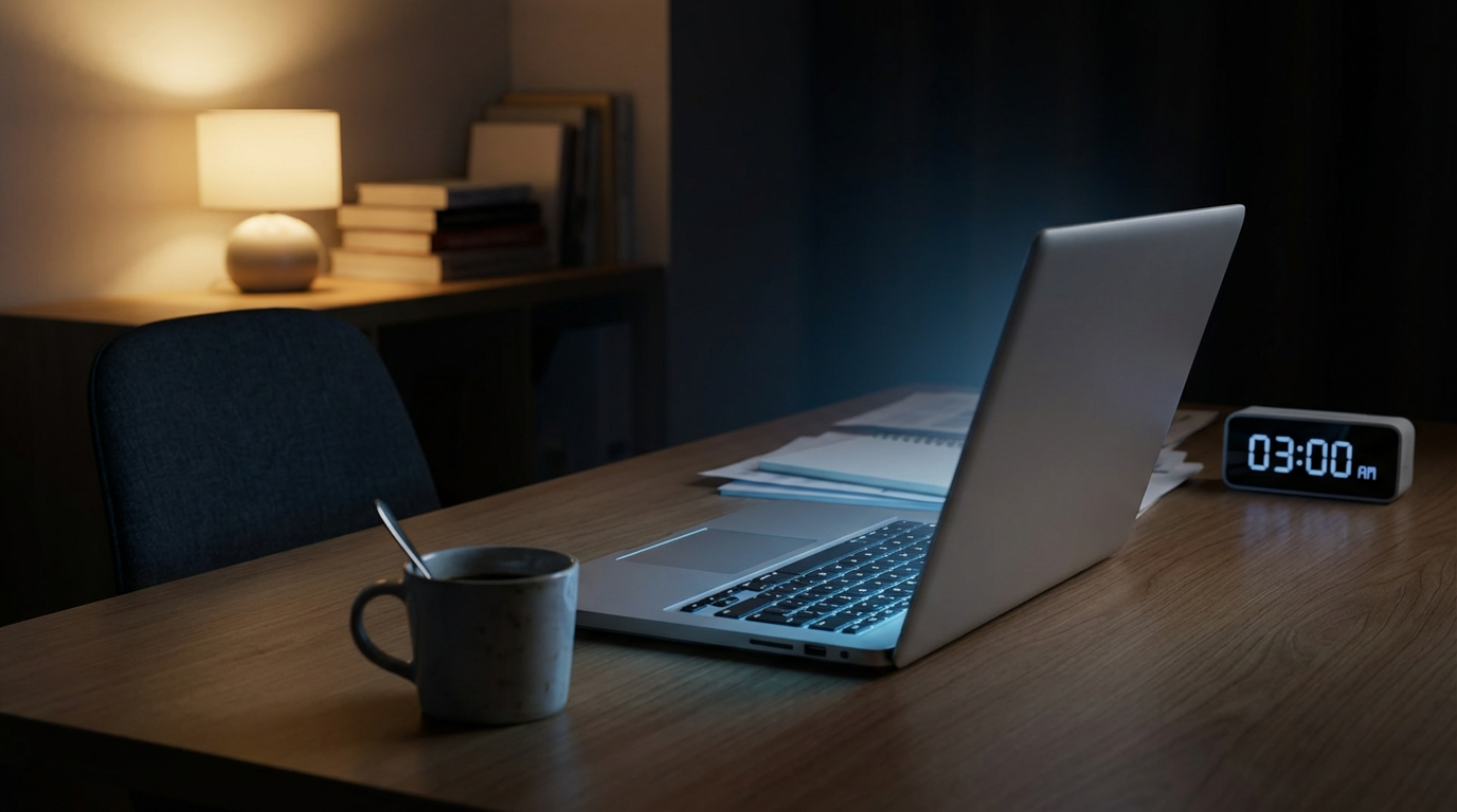 夜中のデスク、開いたノートパソコンの青白い光がキーボードを照らしている、画面の内容は見えない、デスクの隅にコーヒーカップが冷めたまま置かれている、時計は午前3時を指している、人物は写らない、答えを探し続ける夜の疲労感