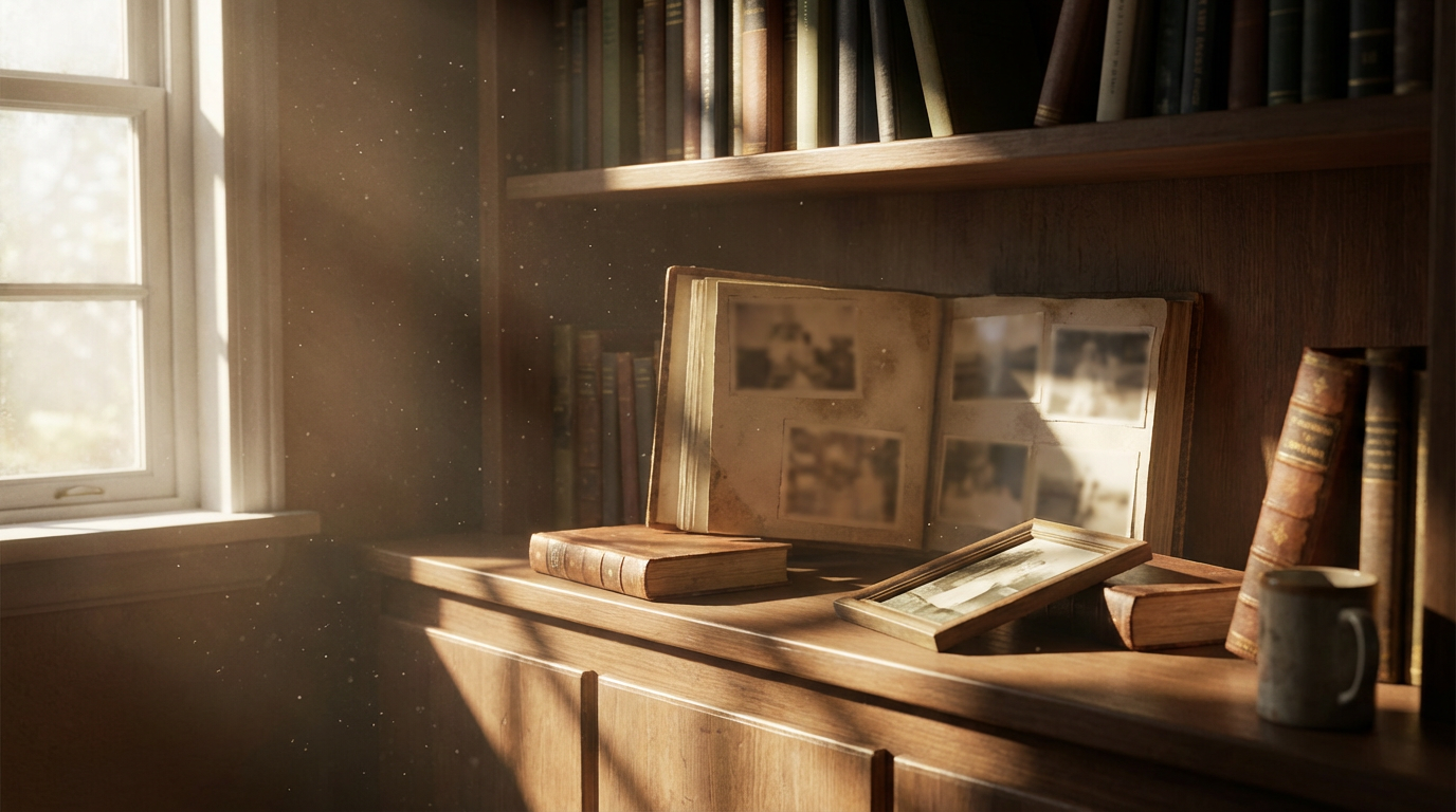晴れた日の本棚、アルバムが一冊だけ棚から少し引き出されている、隣の写真立ては裏返しに倒されている、窓からの光が棚の埃を浮かび上がらせている、人物は写らない、幸せだったはずの過去が変質していく空気