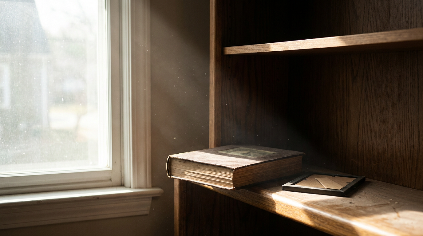 晴れた日の本棚、アルバムが一冊だけ棚から少し引き出されている、隣の写真立ては裏返しに倒されている、窓からの光が棚の埃を浮かび上がらせている、人物は写らない、幸せだったはずの過去が変質していく空気
