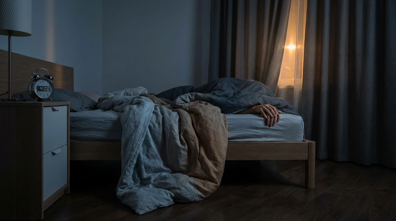 夜明け前のベッドルーム、枕元の目覚まし時計が午前4時を指している、シーツは乱れて半分床に落ちている、カーテンの隙間から街灯の光が細く差し込んでいる、人物は写らない、眠れない夜が体に刻む疲弊