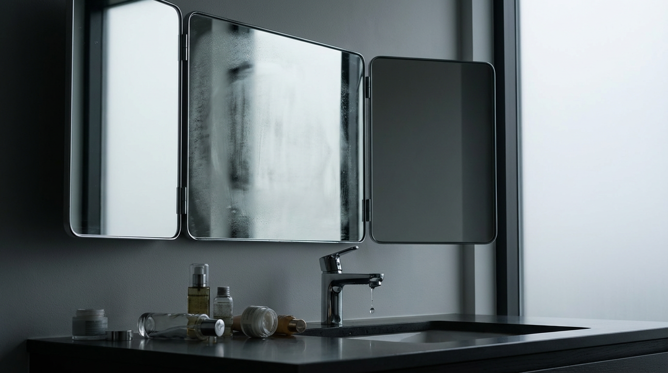 曇り空の洗面台、三面鏡の中央だけが少し曇っている、鏡の前に置かれた化粧品が数本倒れている、蛇口から水がひと滴落ちる瞬間、人物は写らない、鏡の中の自分を見られなくなる感覚