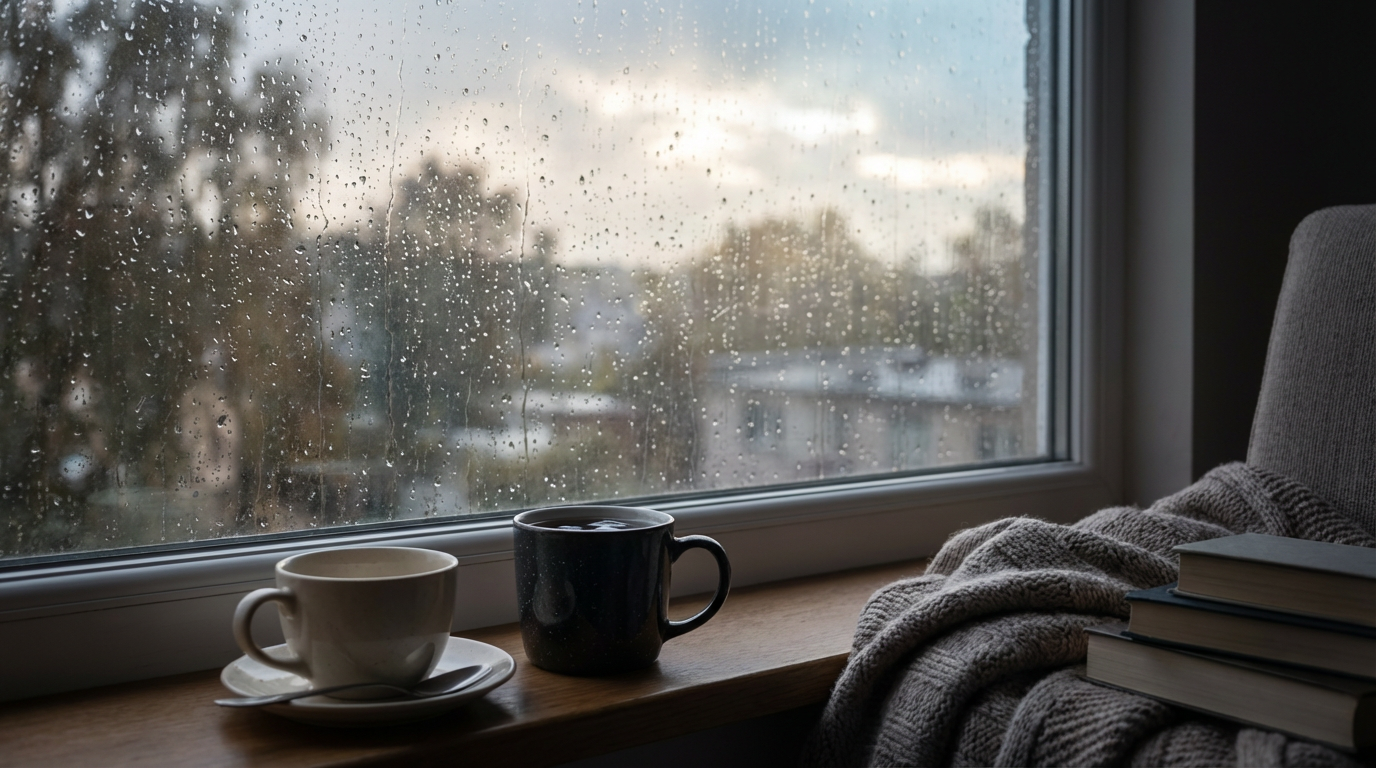 雨上がりの窓辺、ガラスに水滴が残っている、窓の手前にマグカップがふたつ並んでいるが片方は空で片方には冷めた紅茶が残っている、外は薄い陽が差し始めている、人物は写らない、怒りと愛情が混じり合って晴れない空気