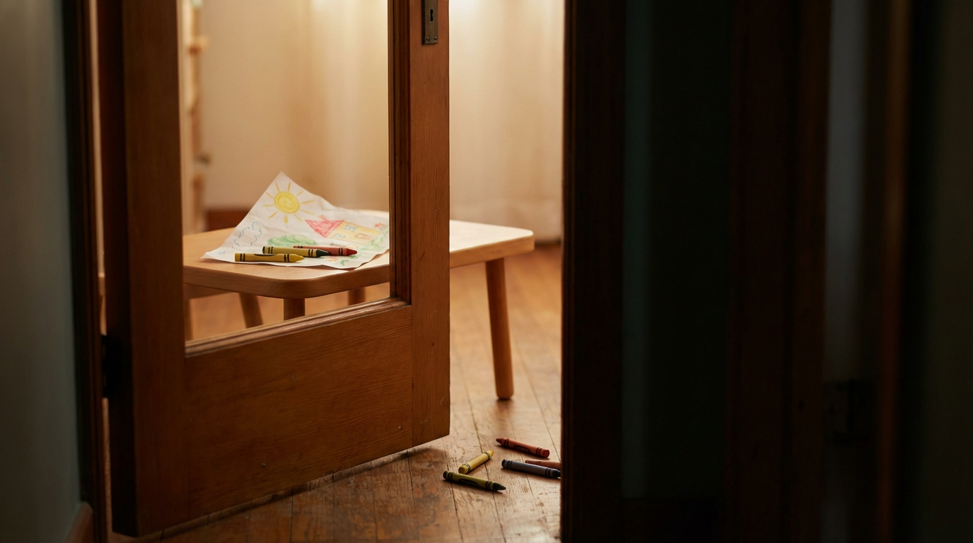 子ども部屋のドアが半開きになっている、床にクレヨンが数本散らばっている、小さな机の上に描きかけの絵が一枚置かれている、廊下の向こうは暗い、人物は写らない、守りたいものと伝えられないことの間の距離