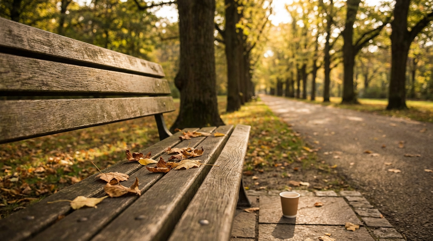 秋の公園のベンチ、枯葉が数枚ベンチの上に落ちている、ベンチの隣にコーヒーカップがひとつ置かれている、背景の並木道は人影がない、人物は写らない、赦しと決別のあいだで静かに座っている時間