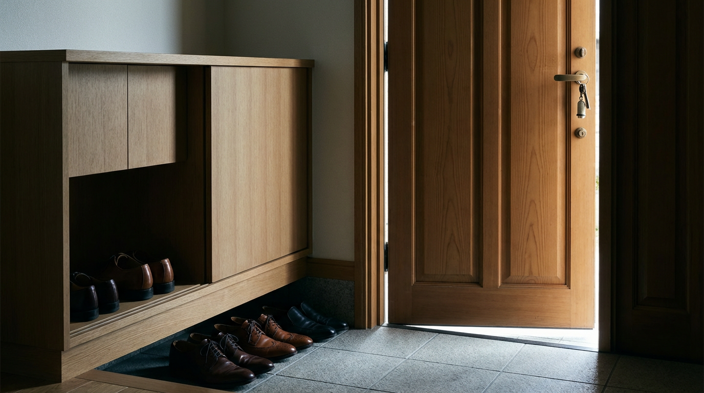 玄関の靴箱、ドアが少し開いていて外の光が差し込んでいる、靴がきれいに並んでいるが一足分の空間がある、鍵がドアノブにかかったまま、人物は写らない、去ることを決めた朝の静寂