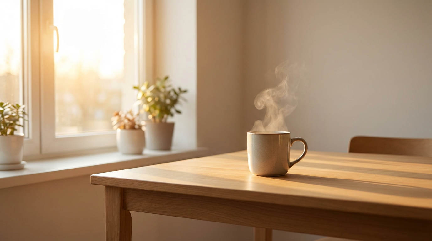 早朝の台所、窓から朝焼けの光が差し込んでいる、テーブルの上にマグカップがひとつ、湯気が立っている、テーブルには何も散らかっていない、整った静けさ、人物は写らない、壊れたあとの空間に新しい日常が始まる気配