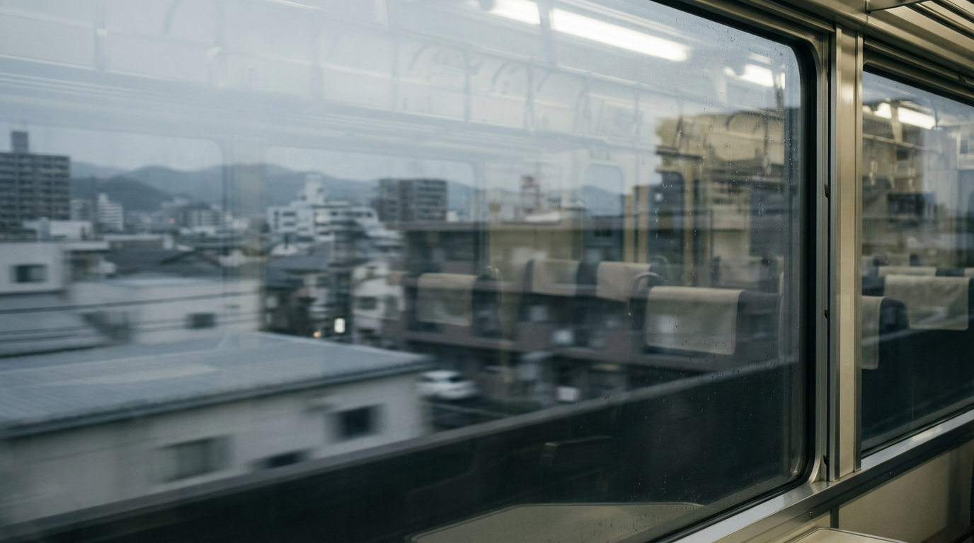 早朝の電車の車窓、ガラスに映った景色と車内の光が二重写しになっている、窓の向こうに街並みが流れていくが焦点が合っていない、座席には誰も座っていない、人物は写らない、ここにいるのにここにいない浮遊感
