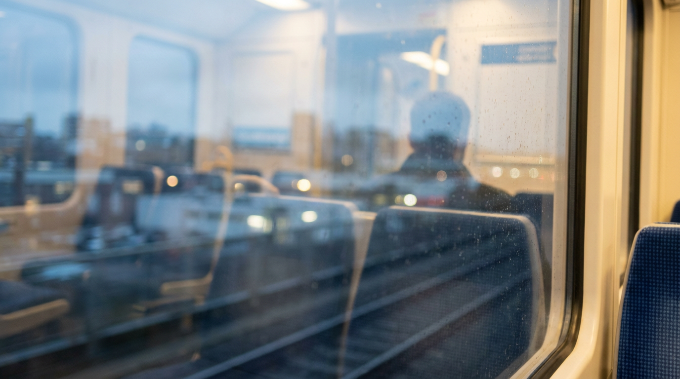 早朝の電車の車窓、ガラスに映った景色と車内の光が二重写しになっている、窓の向こうに街並みが流れていくが焦点が合っていない、座席には誰も座っていない、人物は写らない、ここにいるのにここにいない浮遊感