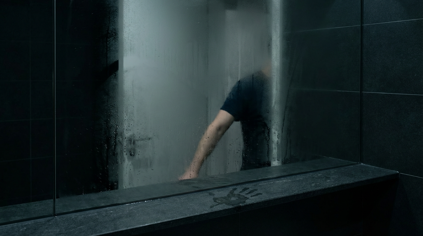 薄暗い洗面所、鏡に水滴がいくつか残っている、鏡の中に映っているものがわずかにぼやけて輪郭が曖昧になっている、洗面台の縁に手を置いた跡のように水が少し広がっている、人物は写らない、鏡の中の自分が他人に見える瞬間の空気