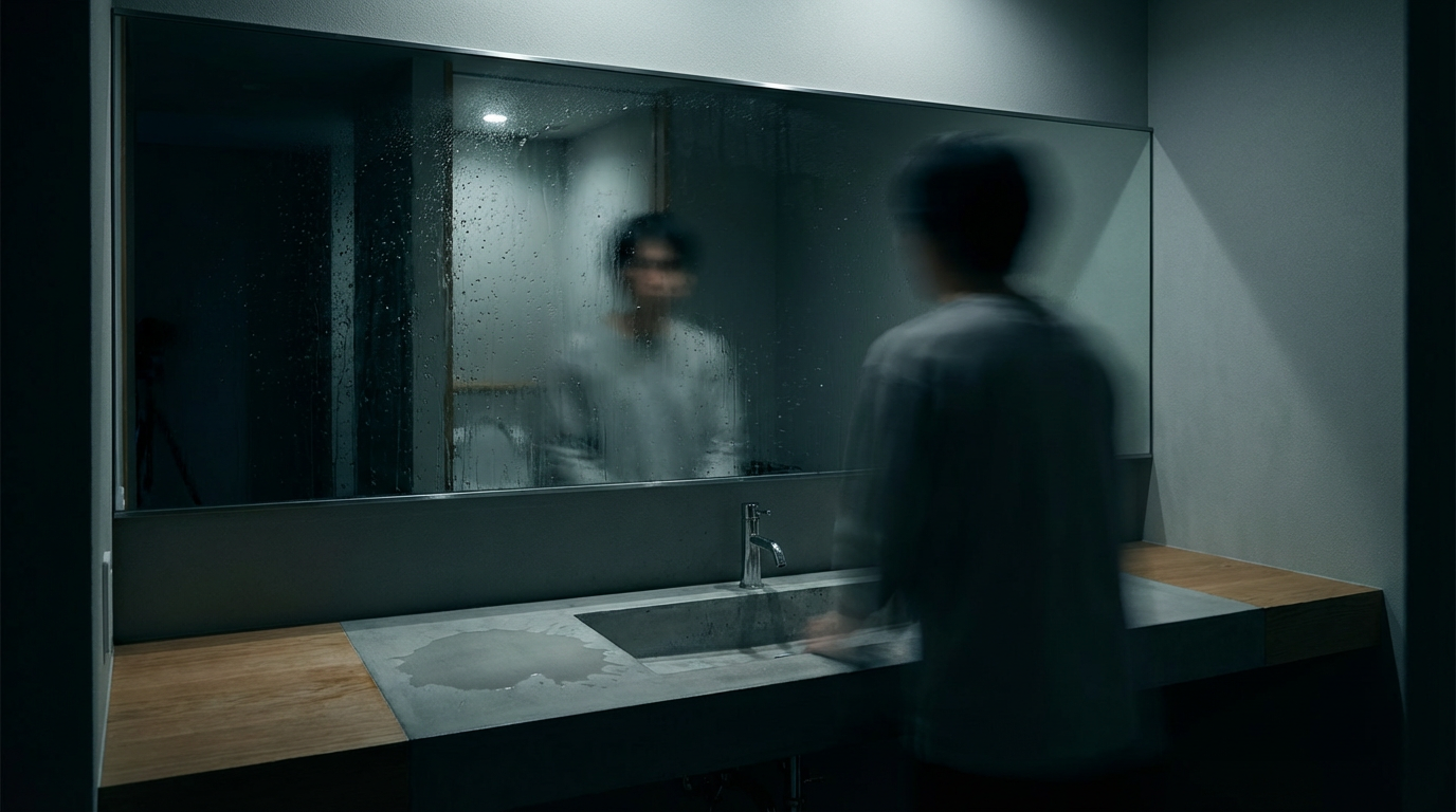薄暗い洗面所、鏡に水滴がいくつか残っている、鏡の中に映っているものがわずかにぼやけて輪郭が曖昧になっている、洗面台の縁に手を置いた跡のように水が少し広がっている、人物は写らない、鏡の中の自分が他人に見える瞬間の空気