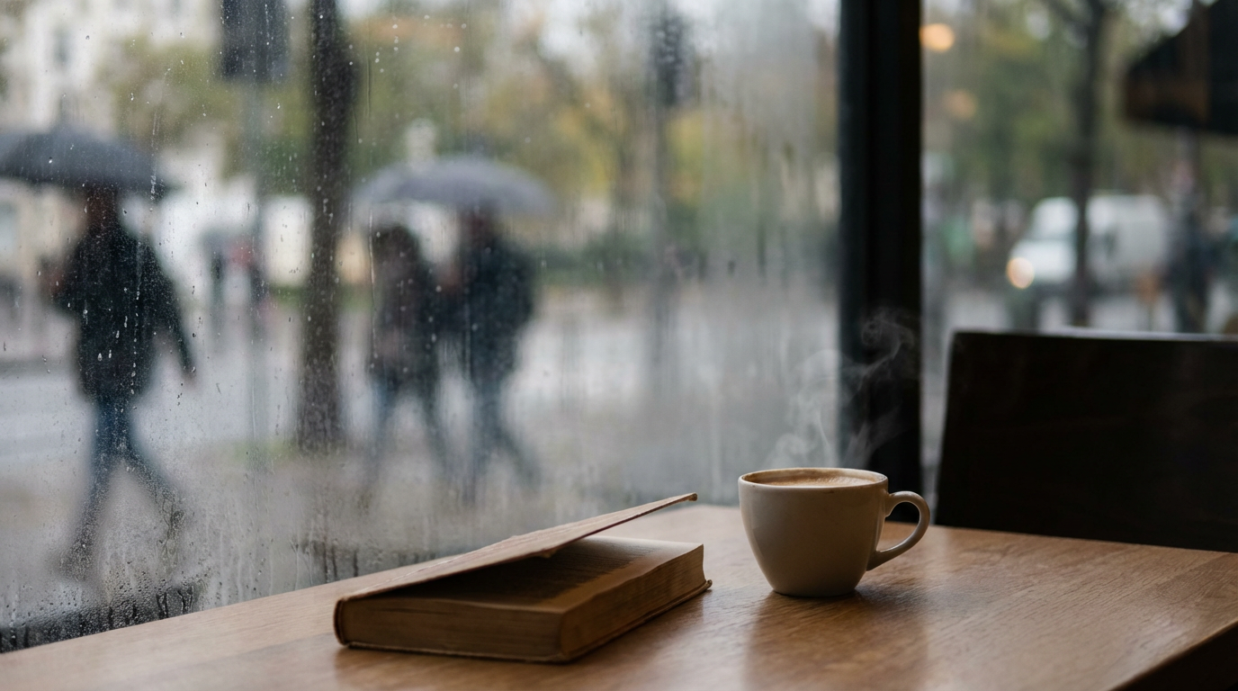 午後のカフェの窓際、窓の外の街路樹と通行人がガラス越しにぼんやり見える、テーブルの上に置かれたコーヒーカップから湯気がゆっくり立ち上っている、カップの横に開いたまま伏せられた本が一冊、人物は写らない、世界が膜一枚向こうにある感覚