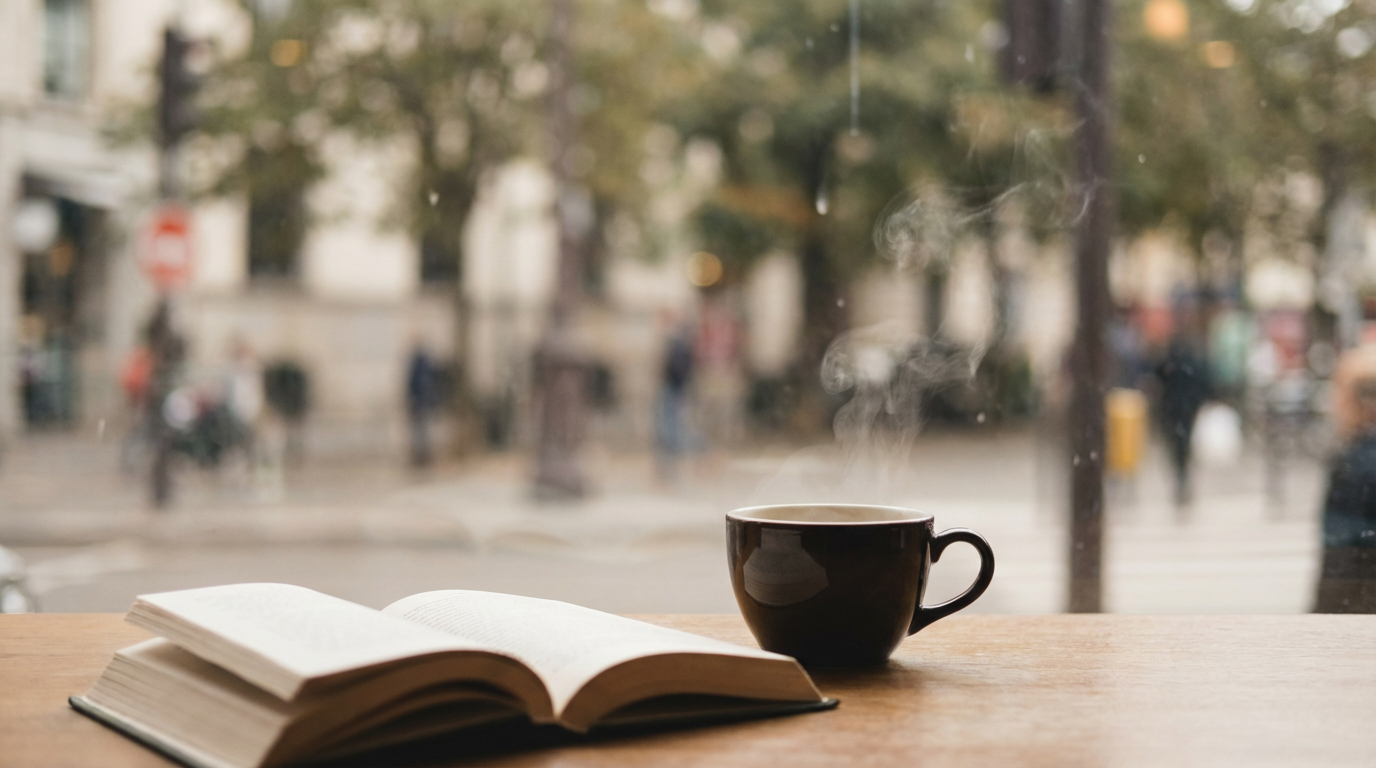 午後のカフェの窓際、窓の外の街路樹と通行人がガラス越しにぼんやり見える、テーブルの上に置かれたコーヒーカップから湯気がゆっくり立ち上っている、カップの横に開いたまま伏せられた本が一冊、人物は写らない、世界が膜一枚向こうにある感覚