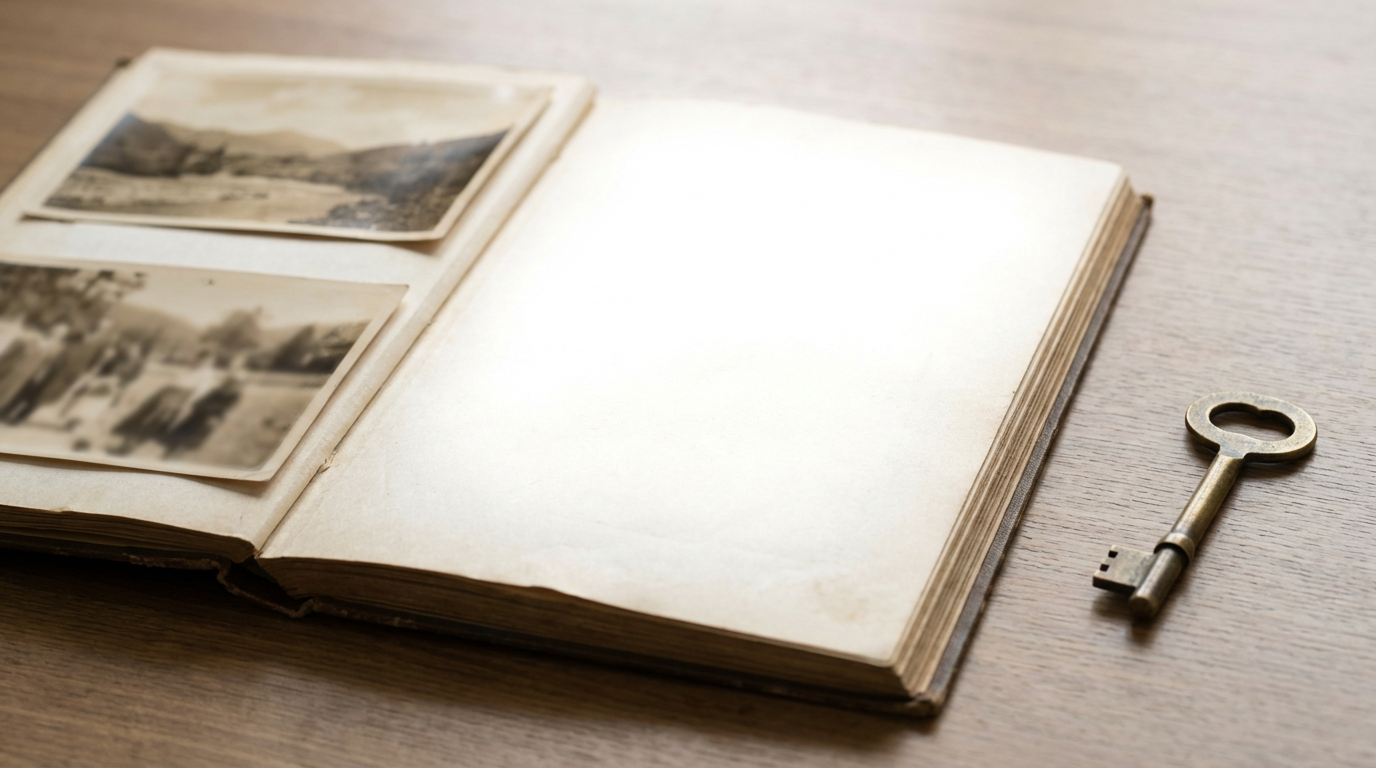 古いアルバムが開かれた状態でテーブルに置かれている、ページの一部が白く飛んでいて写真が見えない、アルバムの隣に拾い上げたような古い鍵がひとつ、人物は写らない、記憶の中に空白がある感覚