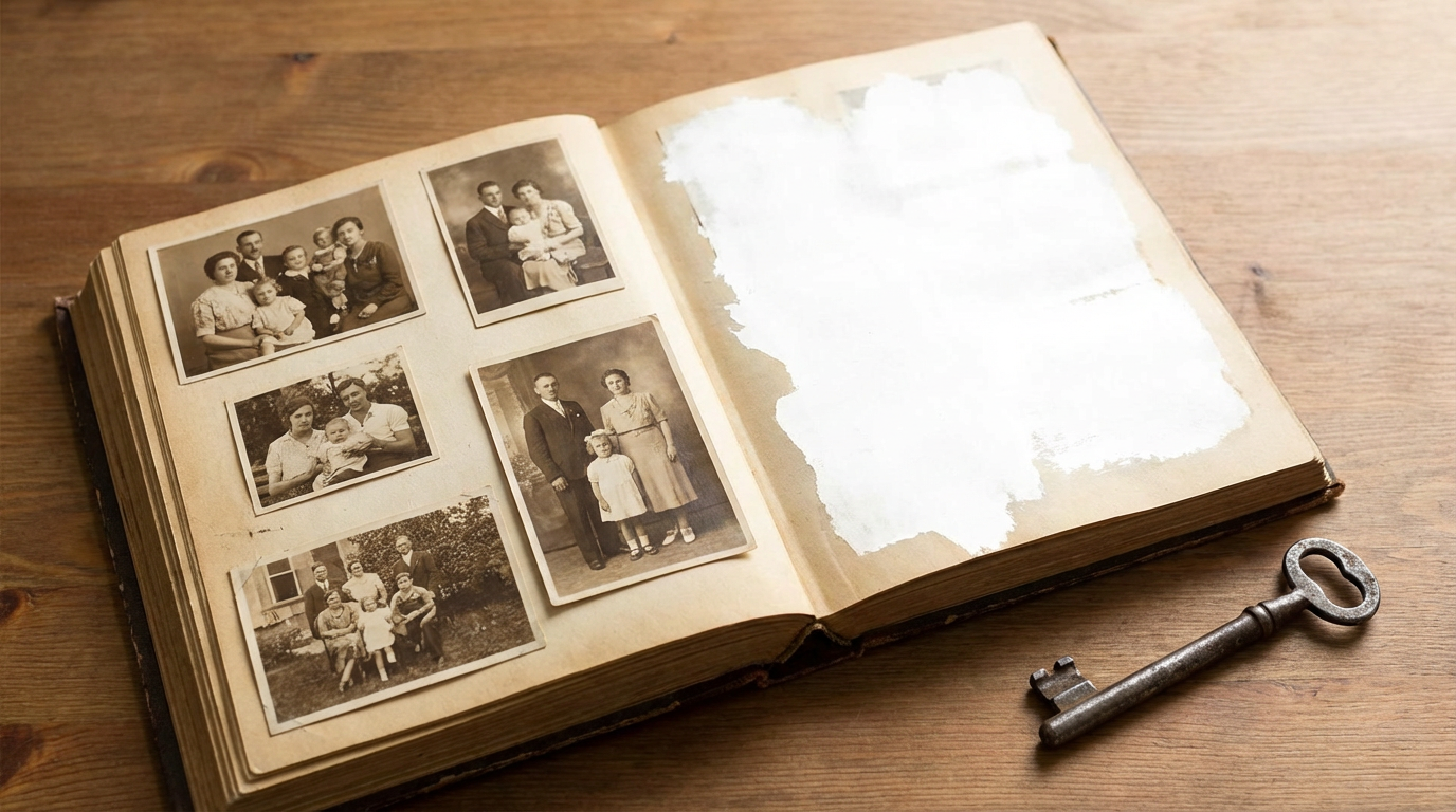 古いアルバムが開かれた状態でテーブルに置かれている、ページの一部が白く飛んでいて写真が見えない、アルバムの隣に拾い上げたような古い鍵がひとつ、人物は写らない、記憶の中に空白がある感覚