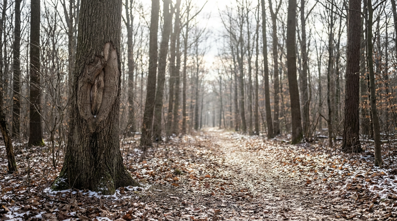 冬の森の中、木々の間から差し込む光が地面に斑模様を作っている、一本の木の幹に深い傷跡があるがそこから新しい樹皮が成長し始めている、落ち葉が厚く積もった小道が奥へ続いている、人物は写らない、壊れないために離れた心の退避路