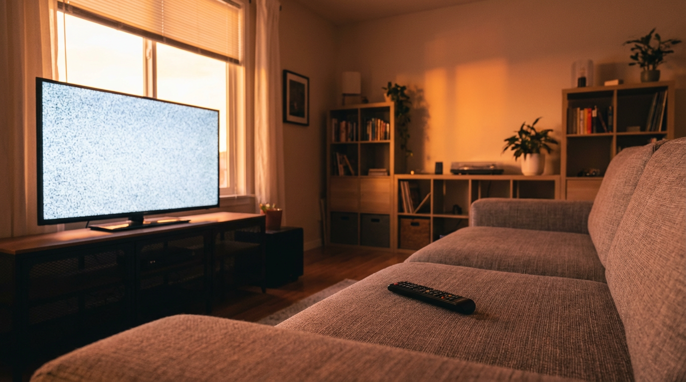 夕暮れのリビングのテレビ画面にノイズ、置かれたリモコン。人物は写らない。時間感覚が抜け落ちる静かな室内