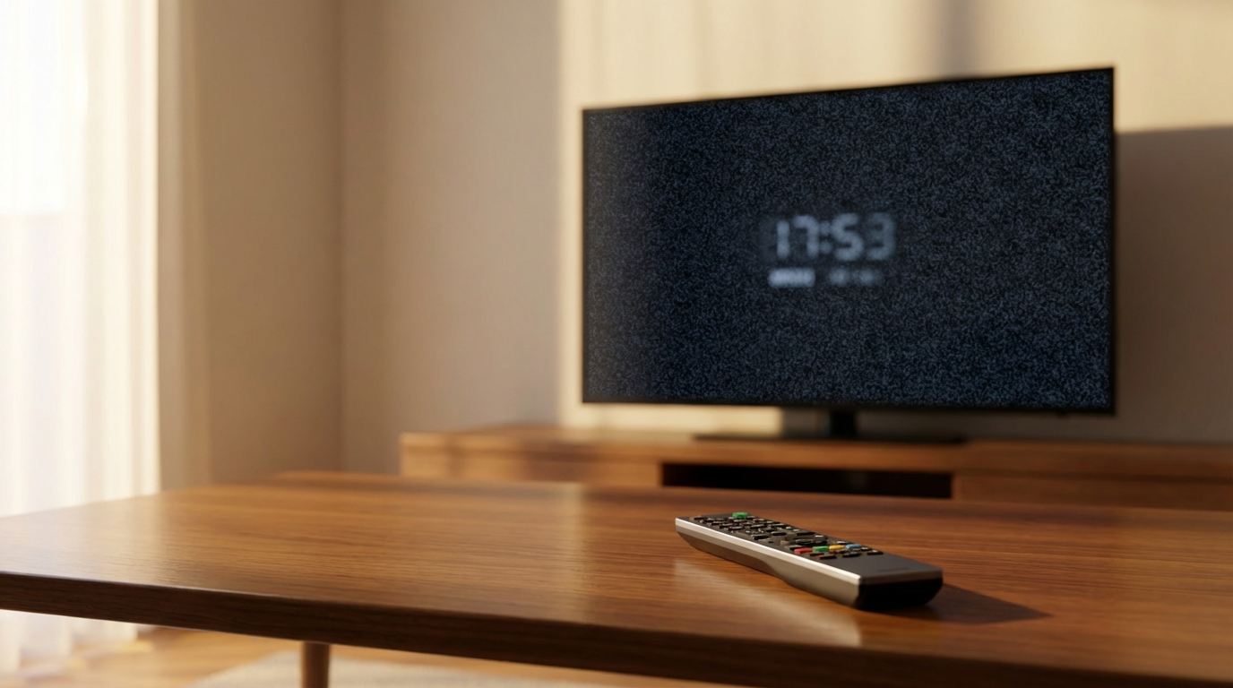 夕暮れのリビングのテレビ画面にノイズ、置かれたリモコン。人物は写らない。時間感覚が抜け落ちる静かな室内