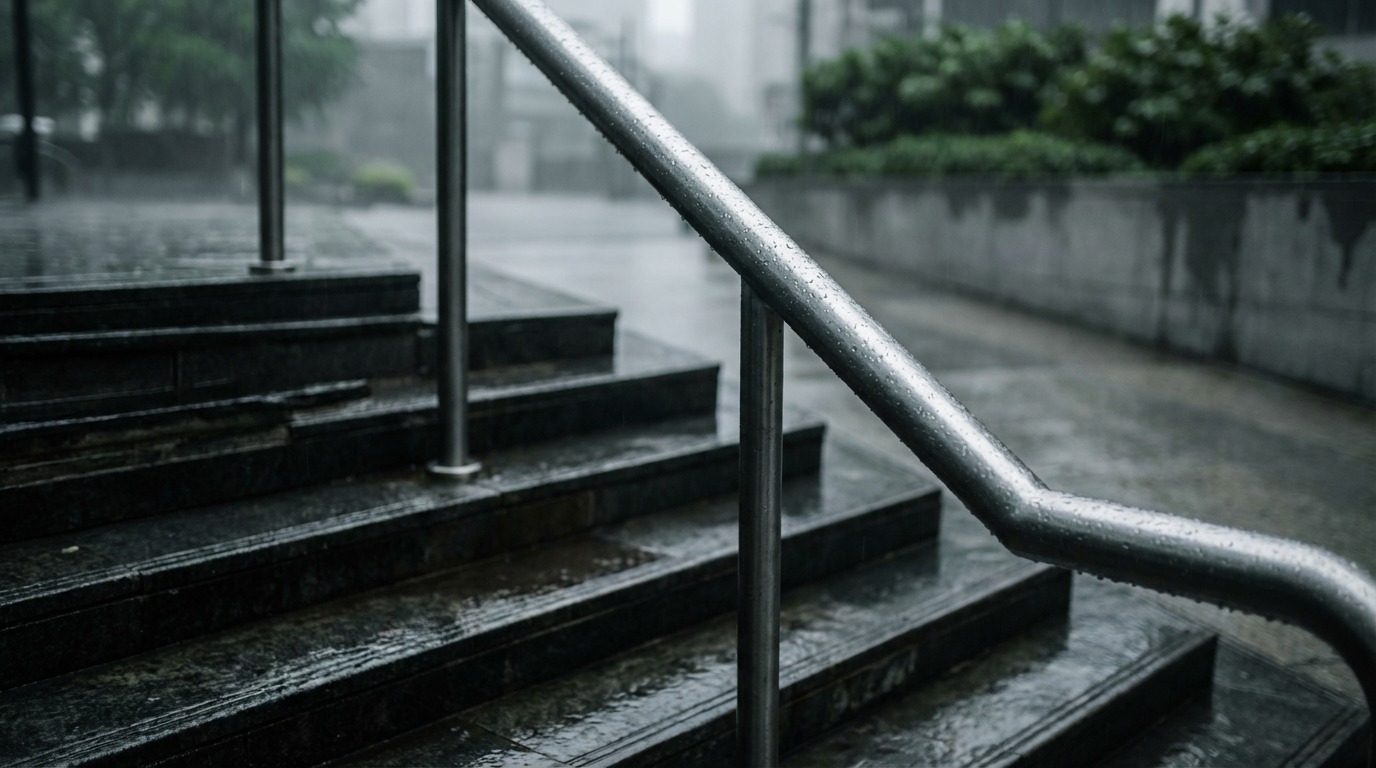 雨の日の階段と手すりの水滴。人物は写らない。身体が先に逃げた感覚を暗い階段で表した構図
