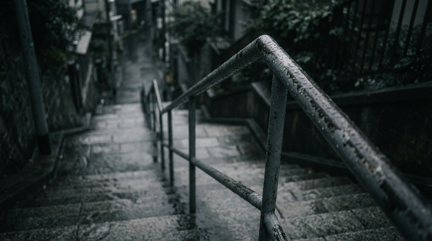 雨の日の階段と手すりの水滴。人物は写らない。身体が先に逃げた感覚を暗い階段で表した構図