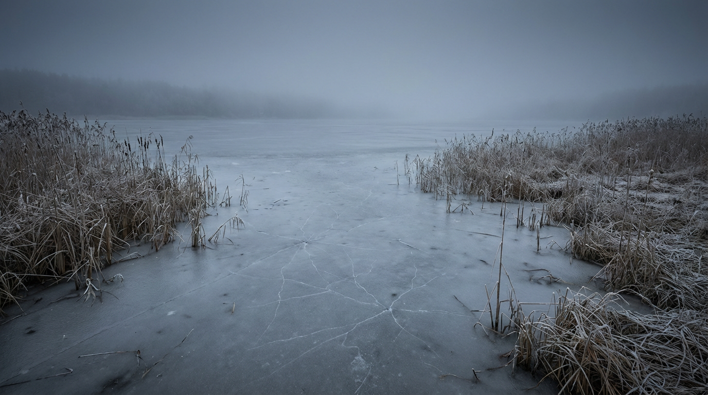 薄く凍った湖面と枯れた葦。人物は写らない。静かな冬景色