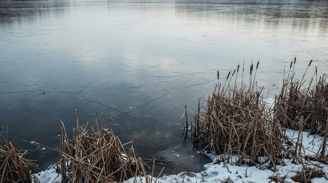 薄く凍った湖面と枯れた葦。人物は写らない。静かな冬景色