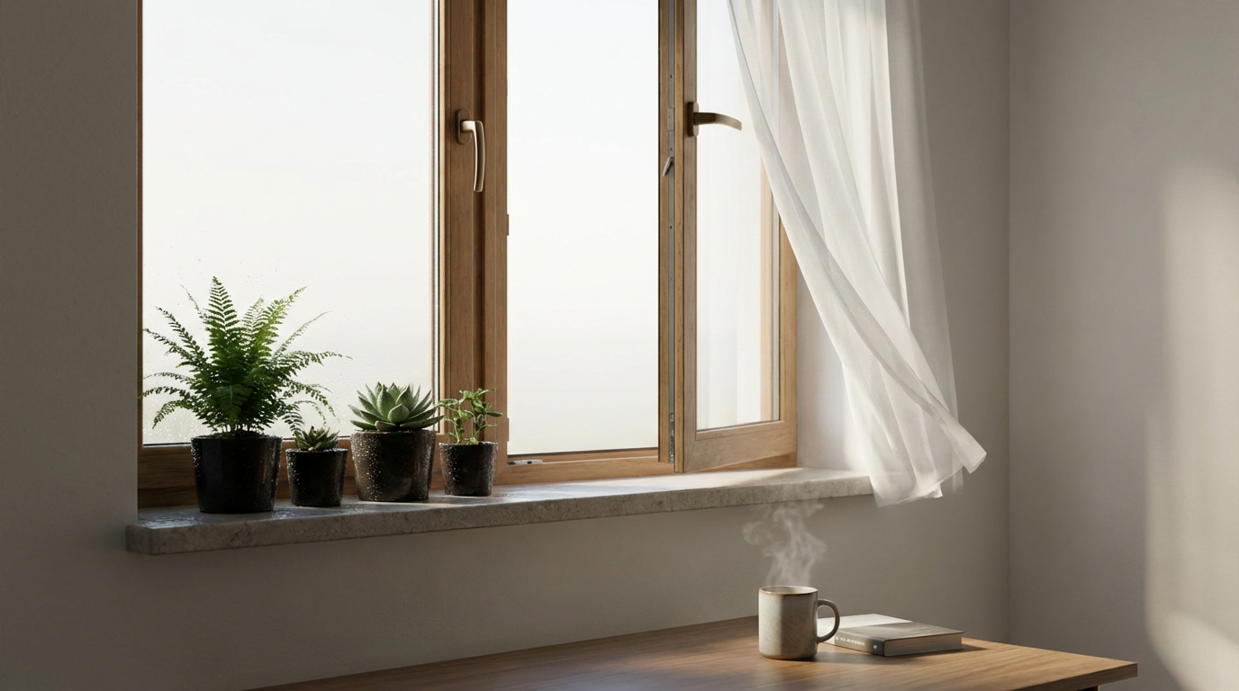 少し開いた窓と揺れるカーテン、湿った鉢植え。人物は写らない。ここに戻る感覚を朝の窓辺で表した構図