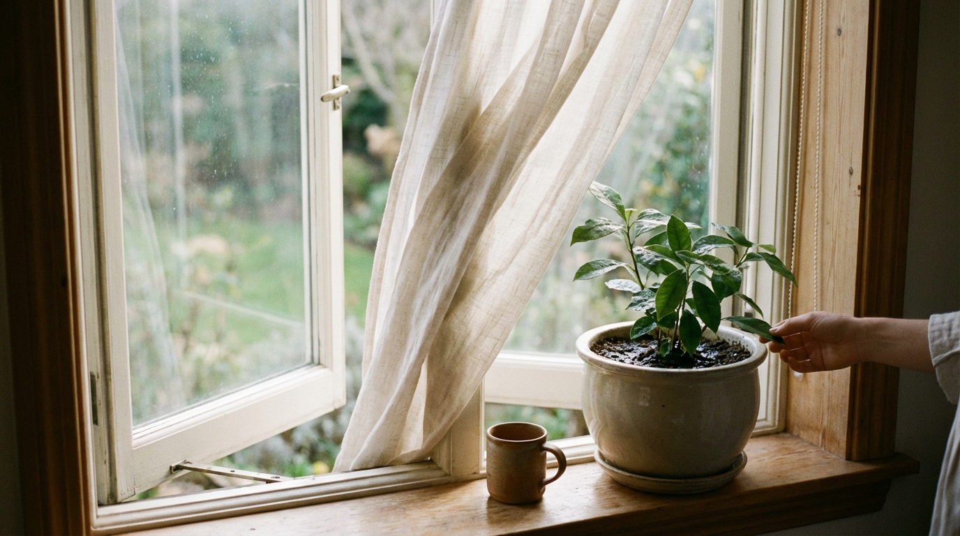 少し開いた窓と揺れるカーテン、湿った鉢植え。人物は写らない。ここに戻る感覚を朝の窓辺で表した構図