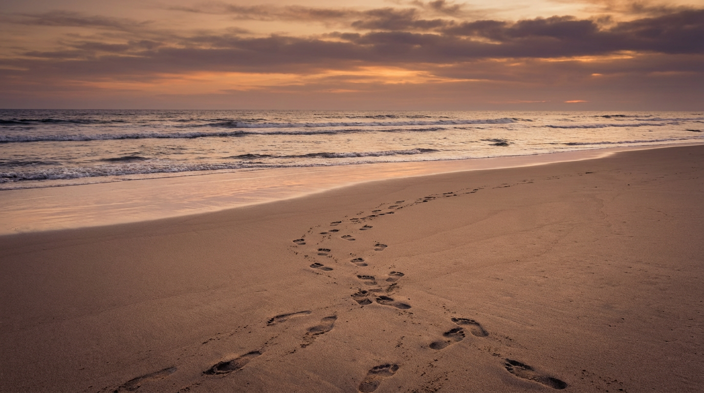 夕暮れの海と波打ち際の足跡。人物は写らない。複数の自分を抱えたまま進む静かな風景