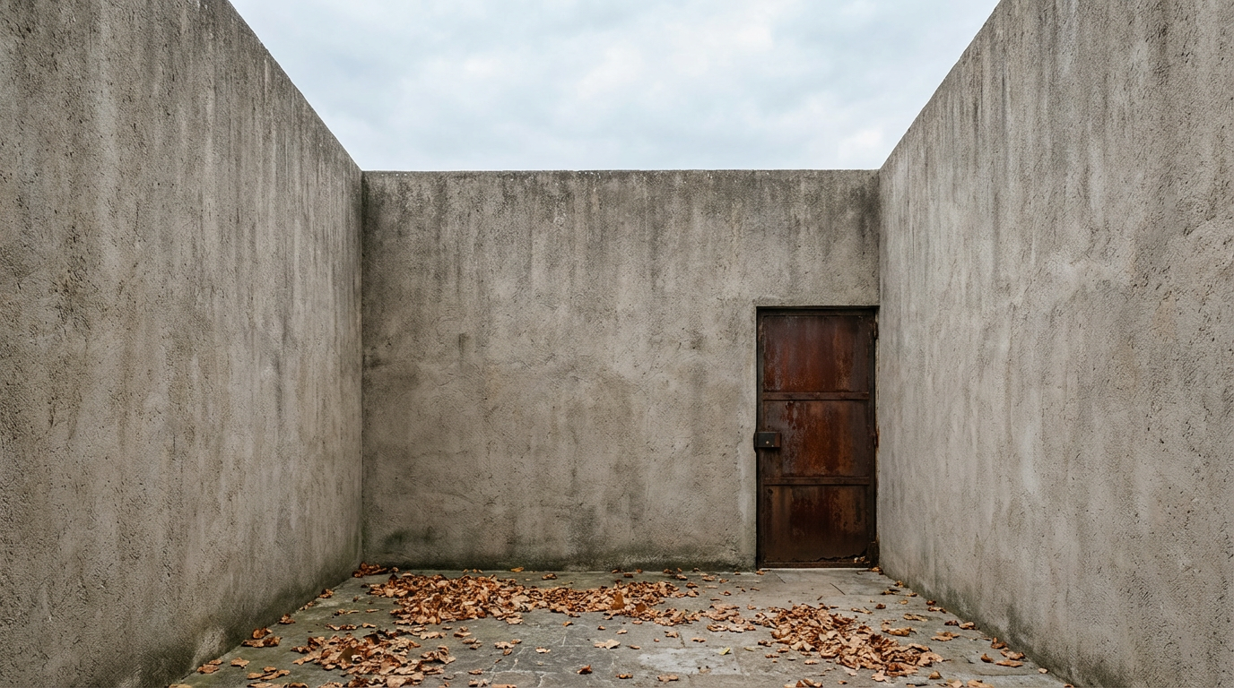 周囲を高い塀で囲まれた小さな中庭、空だけが見えている、地面には枯れ葉が溜まっている、塀の一角に錆びた小さな扉があるが閉じている、人物は写らない、静かで圧迫感のある空気