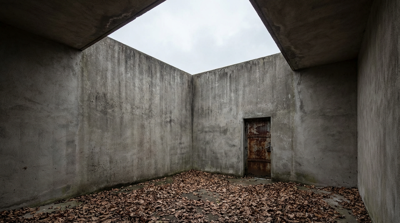 周囲を高い塀で囲まれた小さな中庭、空だけが見えている、地面には枯れ葉が溜まっている、塀の一角に錆びた小さな扉があるが閉じている、人物は写らない、静かで圧迫感のある空気