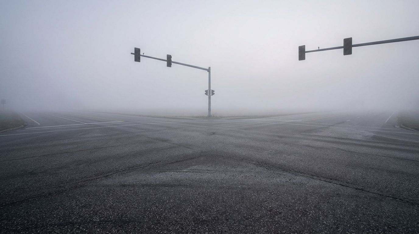 霧の中の交差点、四方の道がすべて白い霧に消えている、足元のアスファルトだけがかろうじて見える、信号は消灯している、人物は写らない、どの方向にも進めない感覚