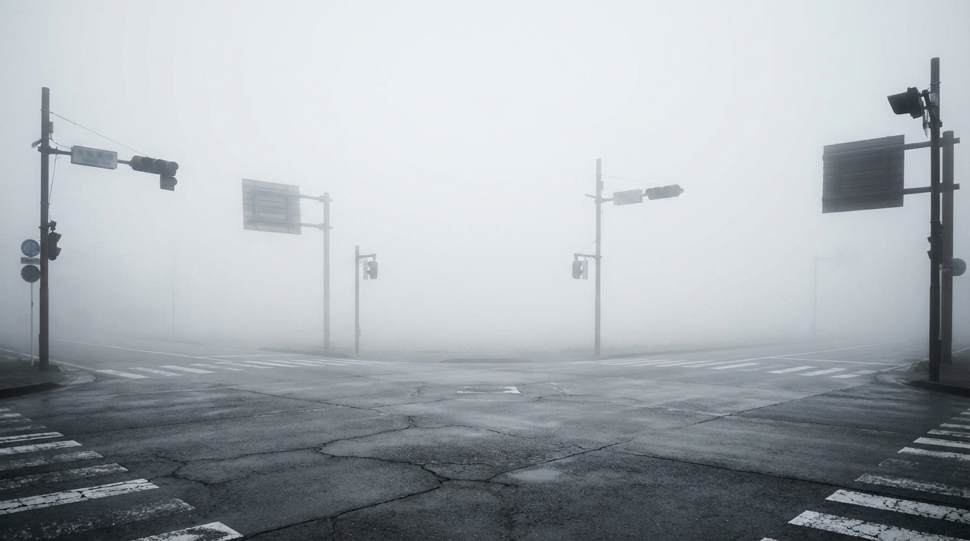 霧の中の交差点、四方の道がすべて白い霧に消えている、足元のアスファルトだけがかろうじて見える、信号は消灯している、人物は写らない、どの方向にも進めない感覚