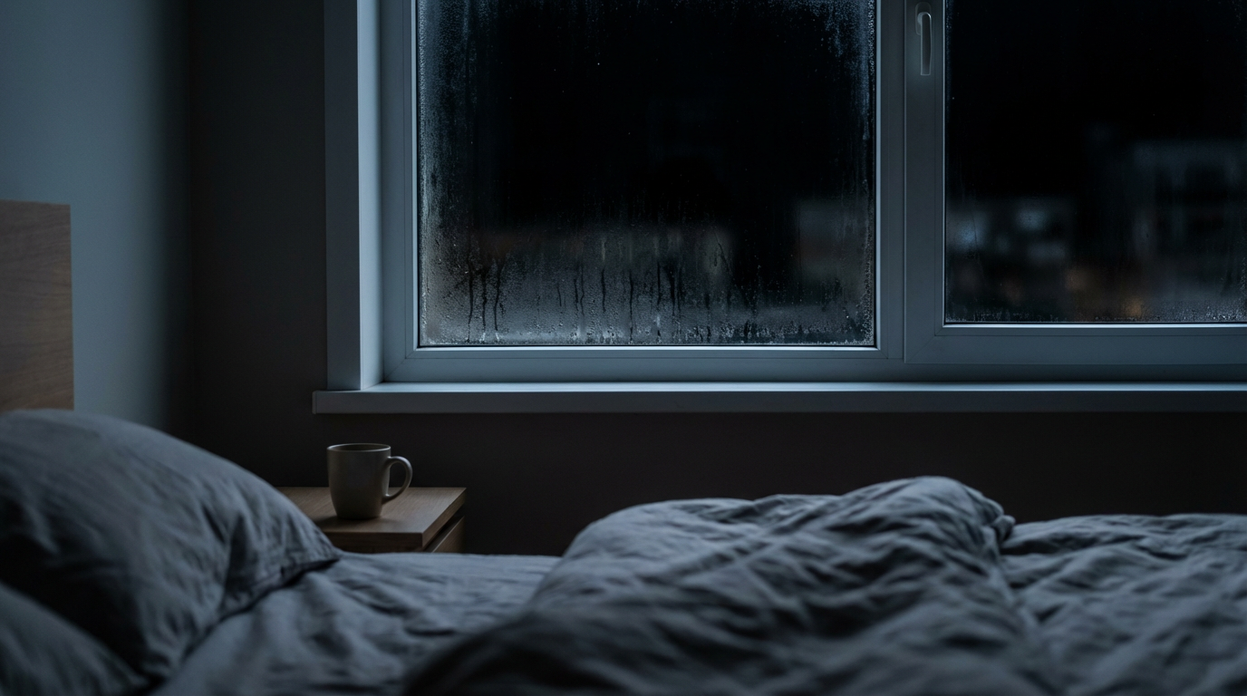 暗い室内から見た曇った窓と結露。人物は写らない。朝の重さを静かな窓辺で表した構図