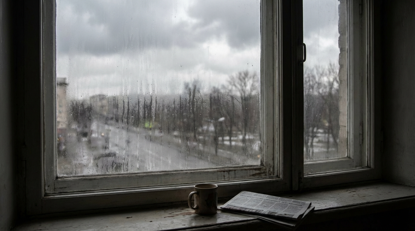暗い室内から見た曇った窓と結露。人物は写らない。朝の重さを静かな窓辺で表した構図