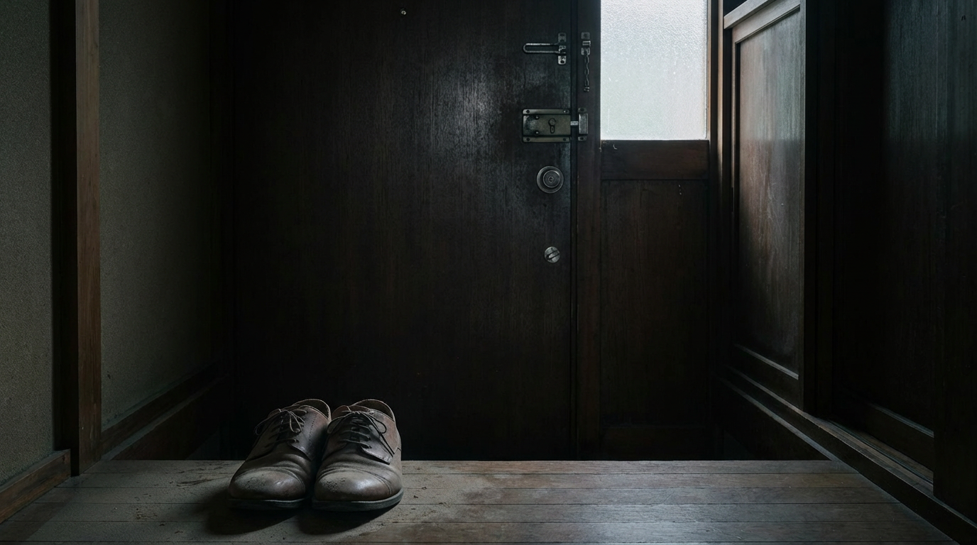 古い家の玄関、靴が整然と並べられているが埃をかぶっている、ドアには鍵が三つ付いている、ドアの向こうに薄い光、人物は写らない、出られるのに出られない空気