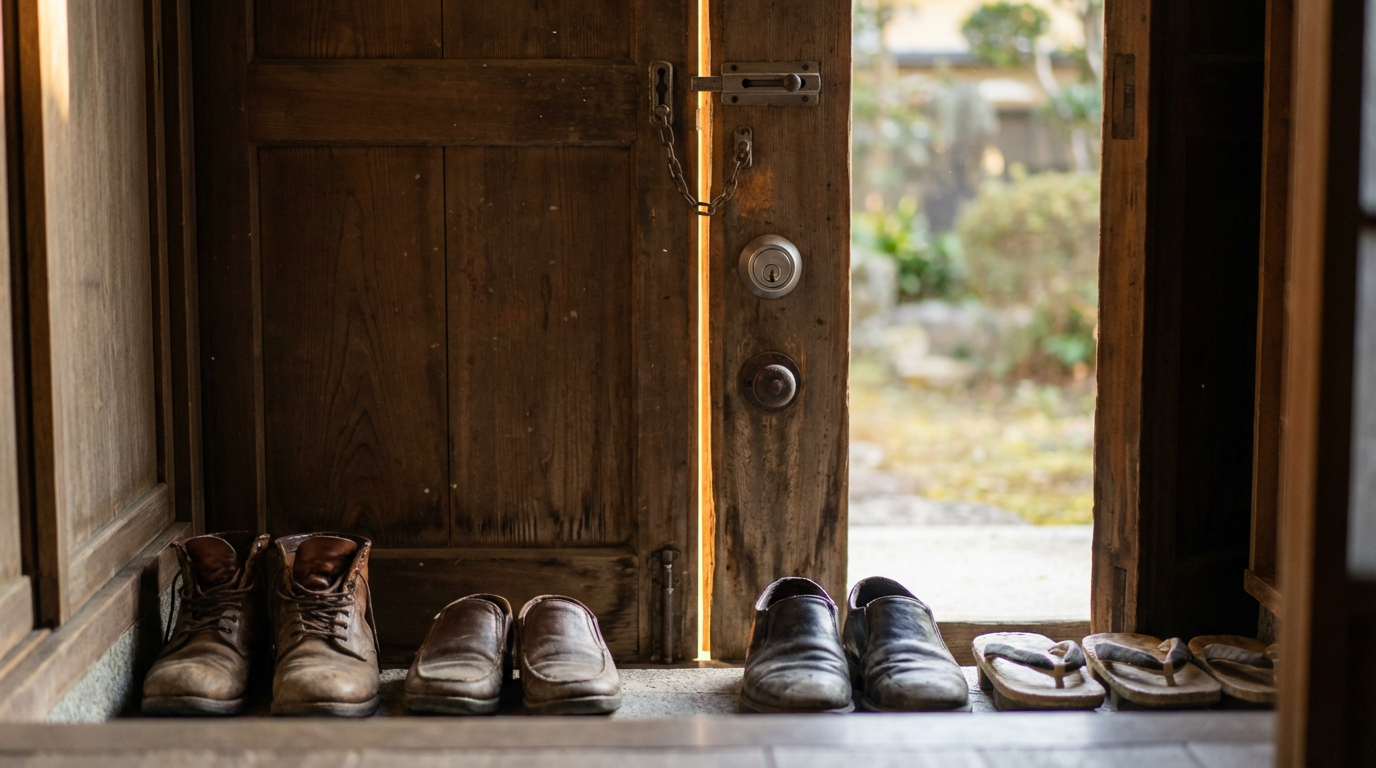 古い家の玄関、靴が整然と並べられているが埃をかぶっている、ドアには鍵が三つ付いている、ドアの向こうに薄い光、人物は写らない、出られるのに出られない空気