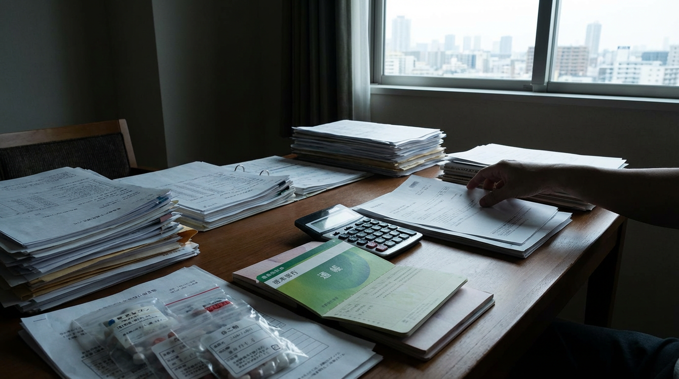 机の上の書類の山と電卓、薬の袋。人物は写らない。圧倒される生活の重さを静物で表した構図