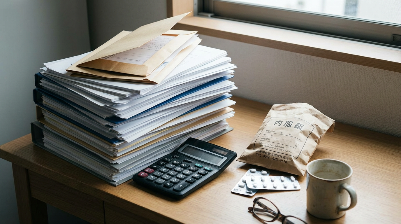 机の上の書類の山と電卓、薬の袋。人物は写らない。圧倒される生活の重さを静物で表した構図