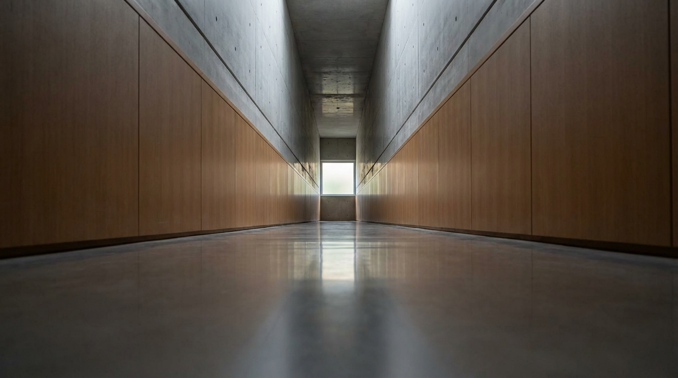 長い直線の廊下、両側の壁が少しずつ狭まっているように見える、奥に小さな窓があるが遠い、床は磨かれているが足跡がない、人物は写らない、徐々に詰まっていく感覚