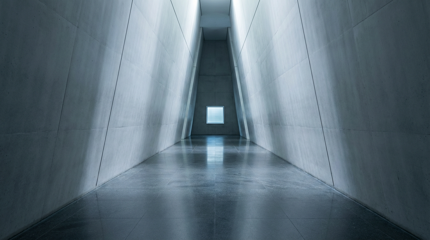 長い直線の廊下、両側の壁が少しずつ狭まっているように見える、奥に小さな窓があるが遠い、床は磨かれているが足跡がない、人物は写らない、徐々に詰まっていく感覚