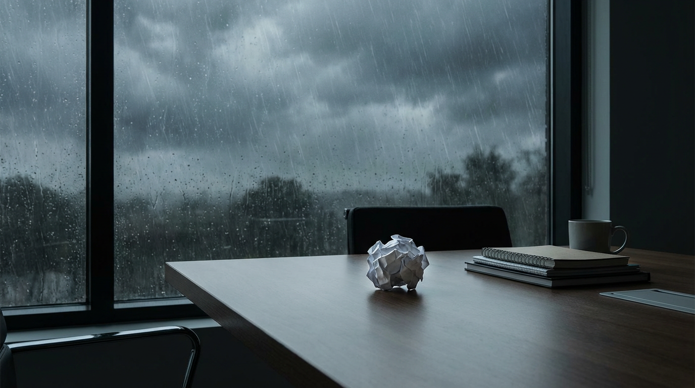 嵐の日の室内、窓ガラスに雨粒がぶつかっている、室内のテーブルの上に握りしめたように丸められた紙が一枚ある、周囲は整頓されているがどこか張りつめている、人物は写らない