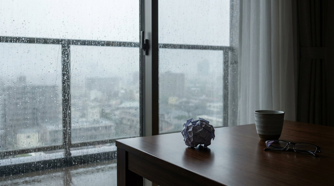 嵐の日の室内、窓ガラスに雨粒がぶつかっている、室内のテーブルの上に握りしめたように丸められた紙が一枚ある、周囲は整頓されているがどこか張りつめている、人物は写らない