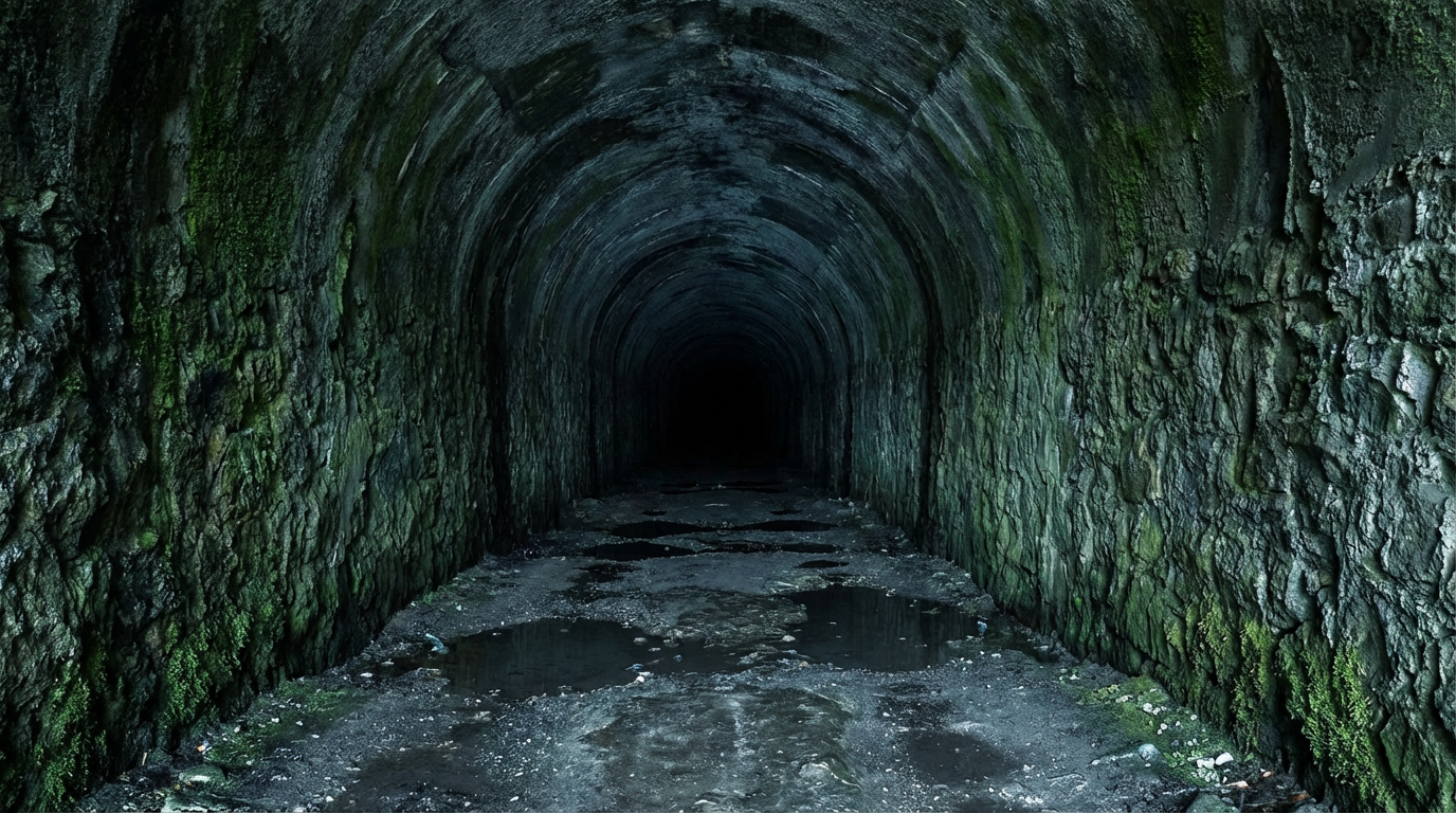 トンネルの中、先に光が見えない、壁は湿っていて苔が生えている、足元に水たまりがある、天井は低い、奥行きは暗闇に溶けている、人物は写らない