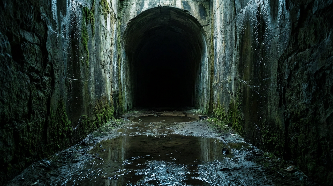 トンネルの中、先に光が見えない、壁は湿っていて苔が生えている、足元に水たまりがある、天井は低い、人物は写らない、暗さの中を歩き続ける感覚