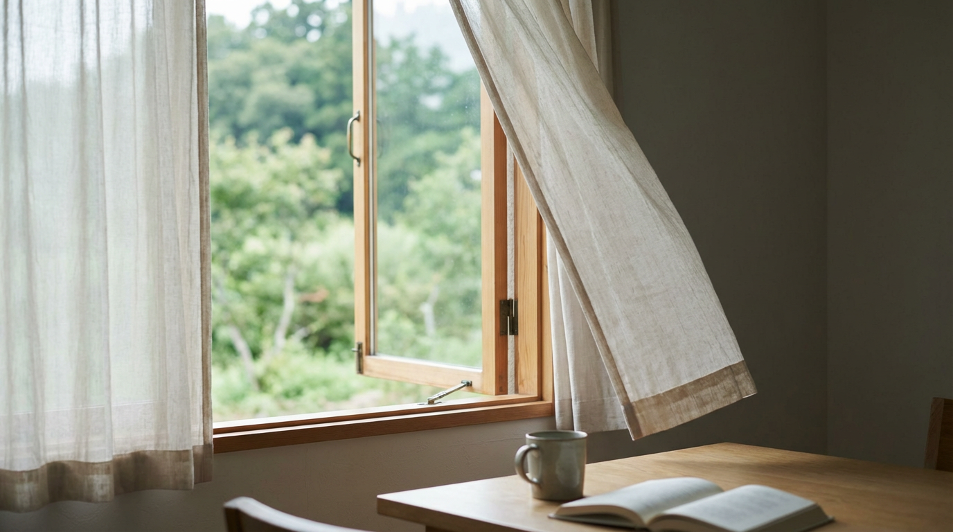 閉じた部屋の中で窓が少しだけ開いている、カーテンがわずかに揺れている、外から鳥の声が聞こえそうな空気感、窓の外にはぼんやりとした緑、人物は写らない