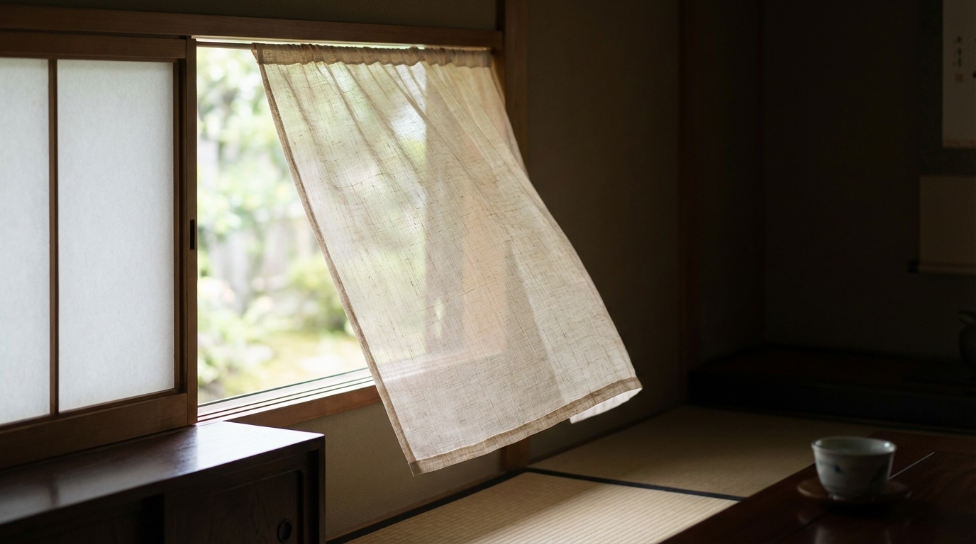 少しだけ開いた窓と揺れるカーテン、外の淡い緑。人物は写らない。閉じた部屋に入る小さな風を静かに表した構図