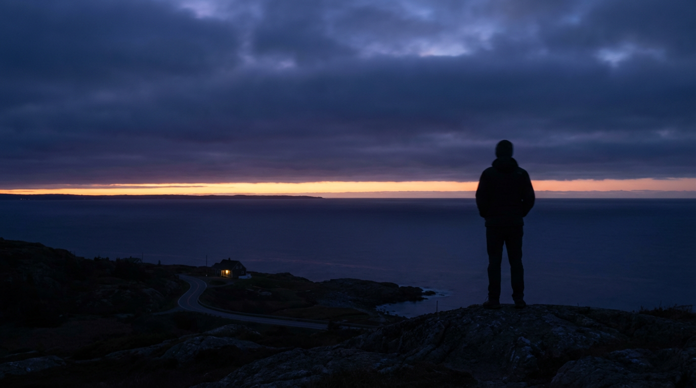夜明け前の地平線に細い光の帯。人物は写らない。暗さの中にわずかな変化が見える静かな風景